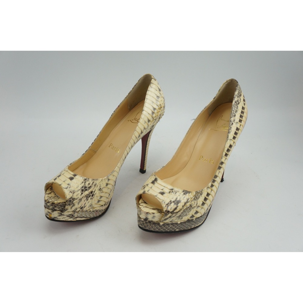 Christian Louboutin Pumps 38 Beige Python Snakeskin Lady Peep Platform Heels VGC